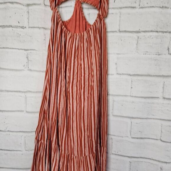 Lulus Womens Rust Striped Rayon Open Back Cutout Maxi Dress Size Medium - Picture 11 of 16